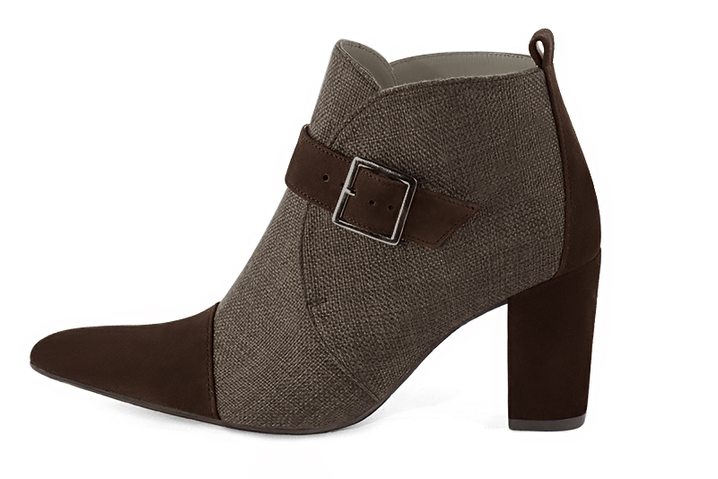 Dark brown women's ankle boots with buckles at the front. Tapered toe. High block heels. Profile view - Florence KOOIJMAN